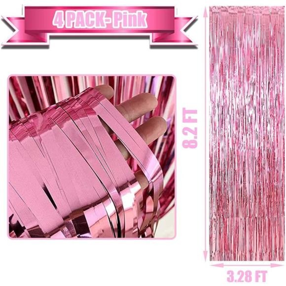 4Pack Pink Foil Fringe Curtain Backdrop,3.28Ftx8.2Ft Metallic Tinsel Foil Fringe - Picture 2 of 6